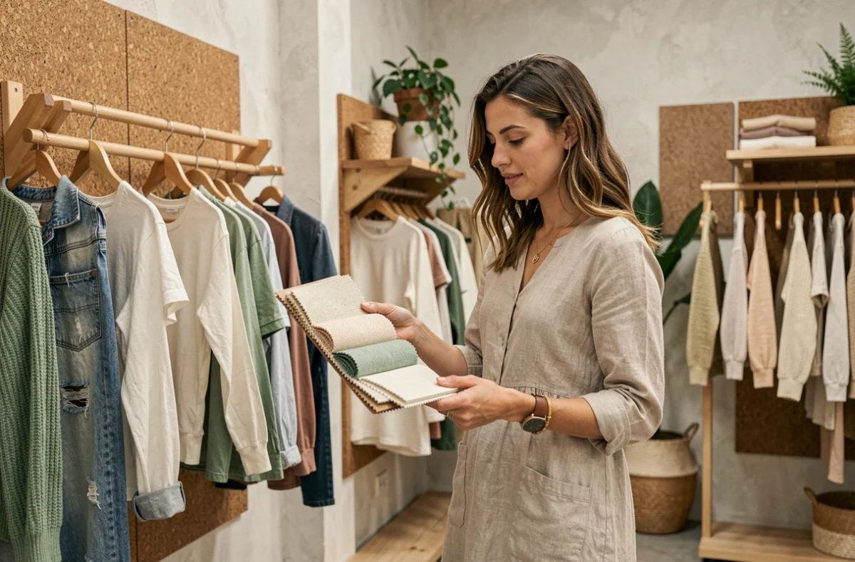 Cliente dans Wearth Lab explorant des textiles durables dans une boutique éco-responsable au décor naturel