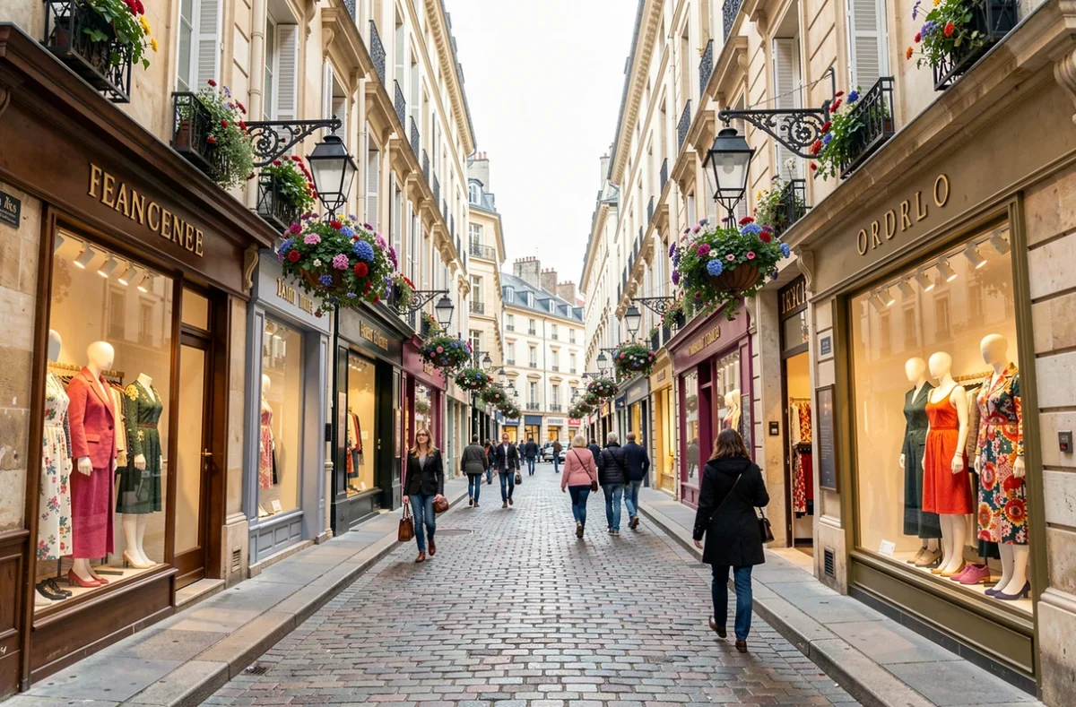 Rue commerçante animée avec des boutiques de prêt-à-porter féminin dans une ville du Loiret