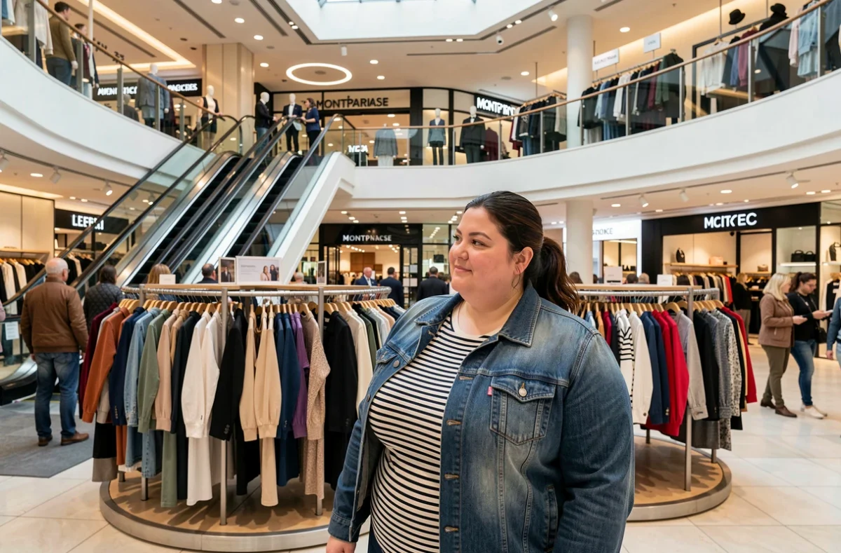 Femme parcourant les rayons grande taille du C&A Paris Montparnasse avec des collections variées