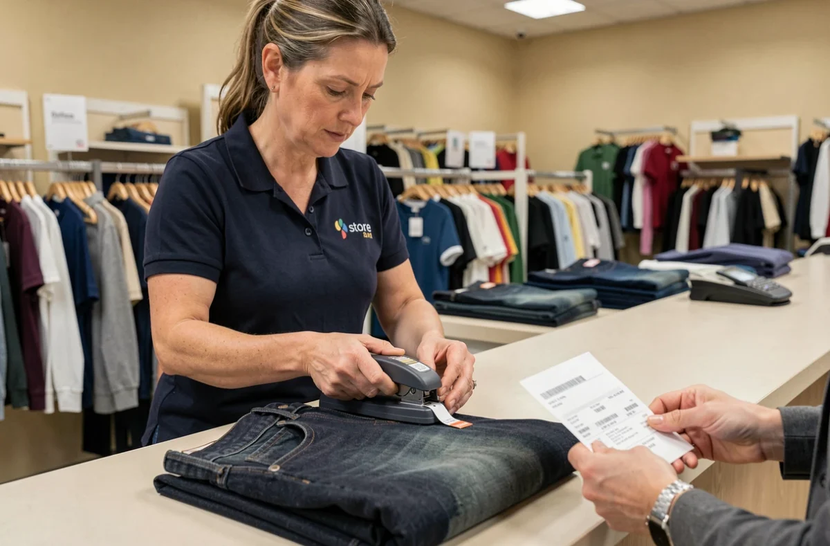 Employée de magasin retirant un antivol oublié sur un jean au comptoir du service client après les soldes