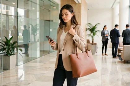 Femme professionnelle en blazer beige portant un sac cabas en cuir cognac structuré dans un hall de bureau moderne