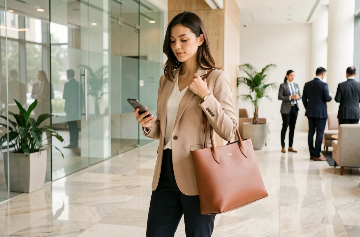 Femme professionnelle en blazer beige portant un sac cabas en cuir cognac structuré dans un hall de bureau moderne