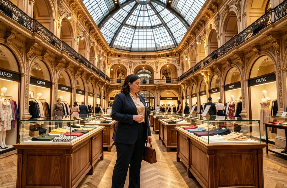 Femme élégante dans l'espace Curve grande taille des Galeries Lafayette sous la coupole dorée de Paris