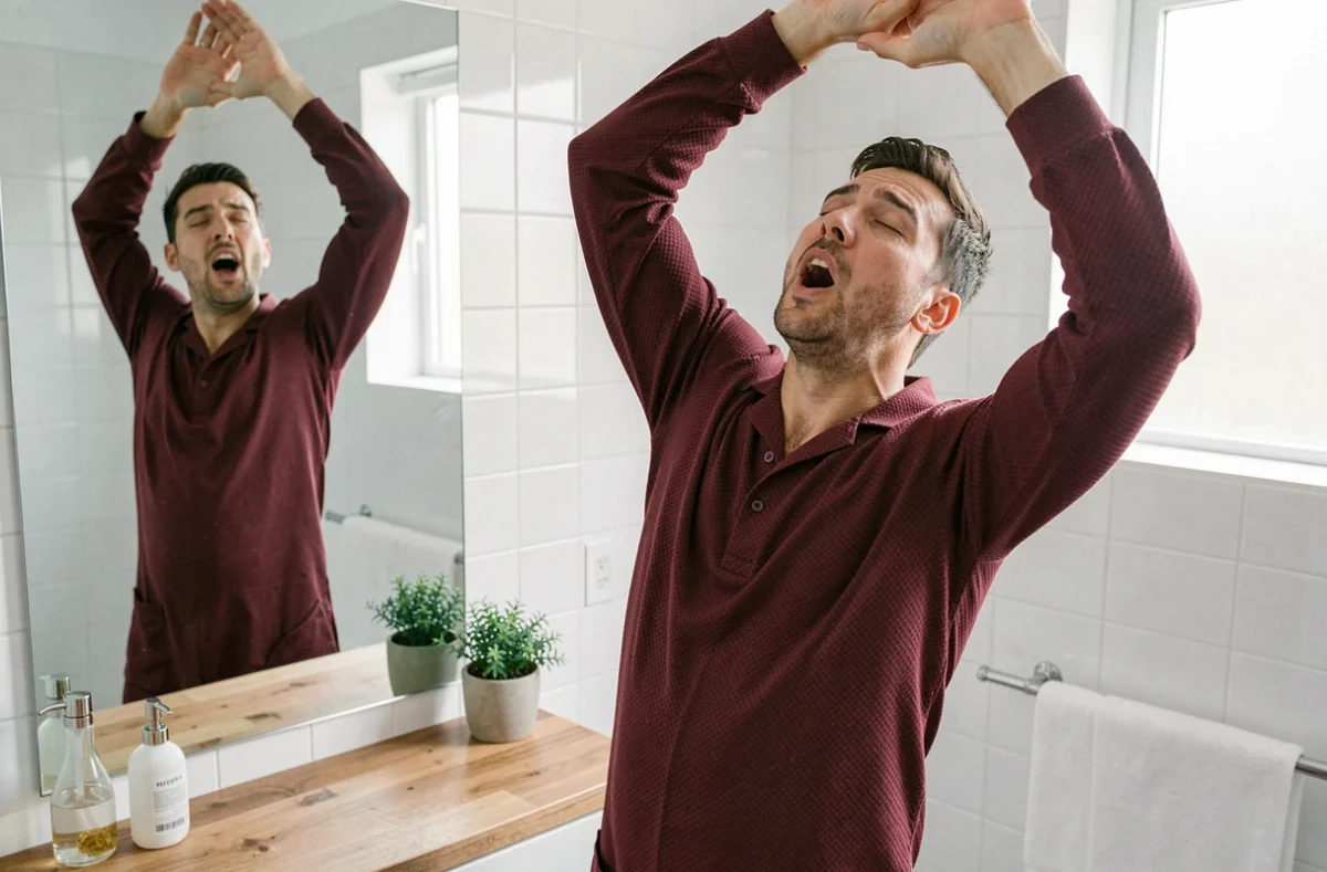 Homme en pyjama grenouillère bordeaux qui s'étire au réveil devant un miroir de salle de bain, scène matinale authentique