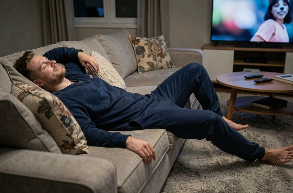 Homme en grenouillère bleue marine allongé sur un canapé dans un salon en soirée, position détendue pour le sommeil
