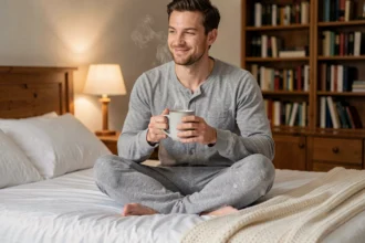 Homme adulte en pyjama grenouillère gris chiné assis sur un lit douillet avec une tasse fumante, ambiance cocooning chambre à coucher