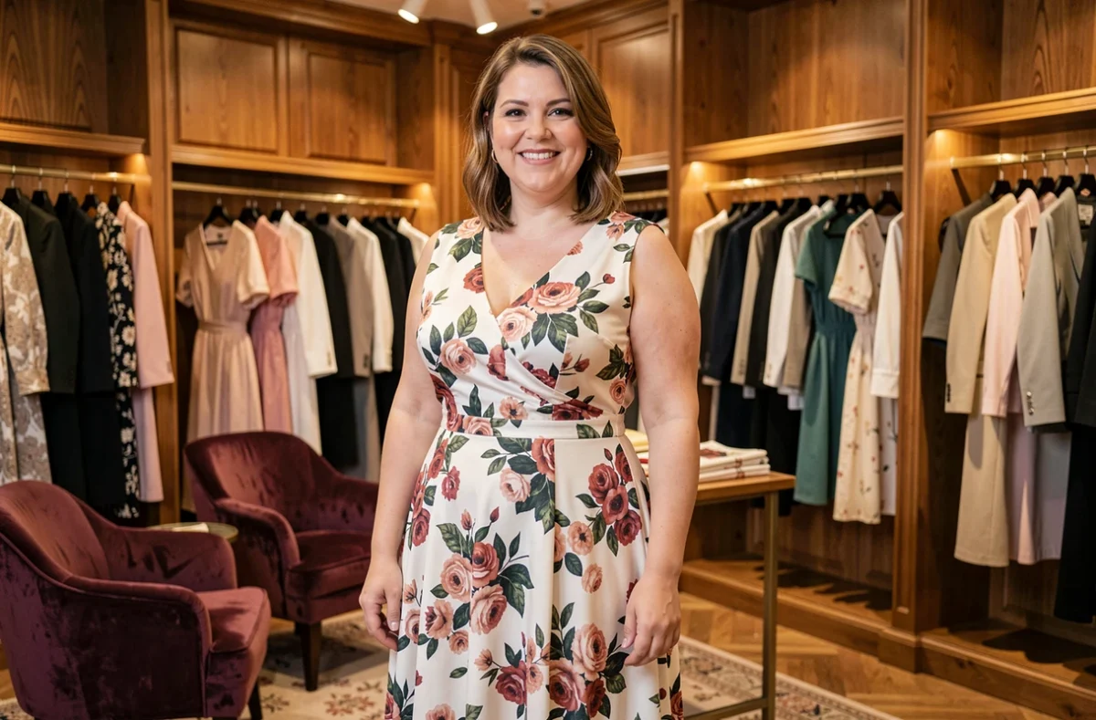 Femme portant une robe fleurie élégante dans la boutique Jean Marc Philippe spécialisée grande taille à Paris