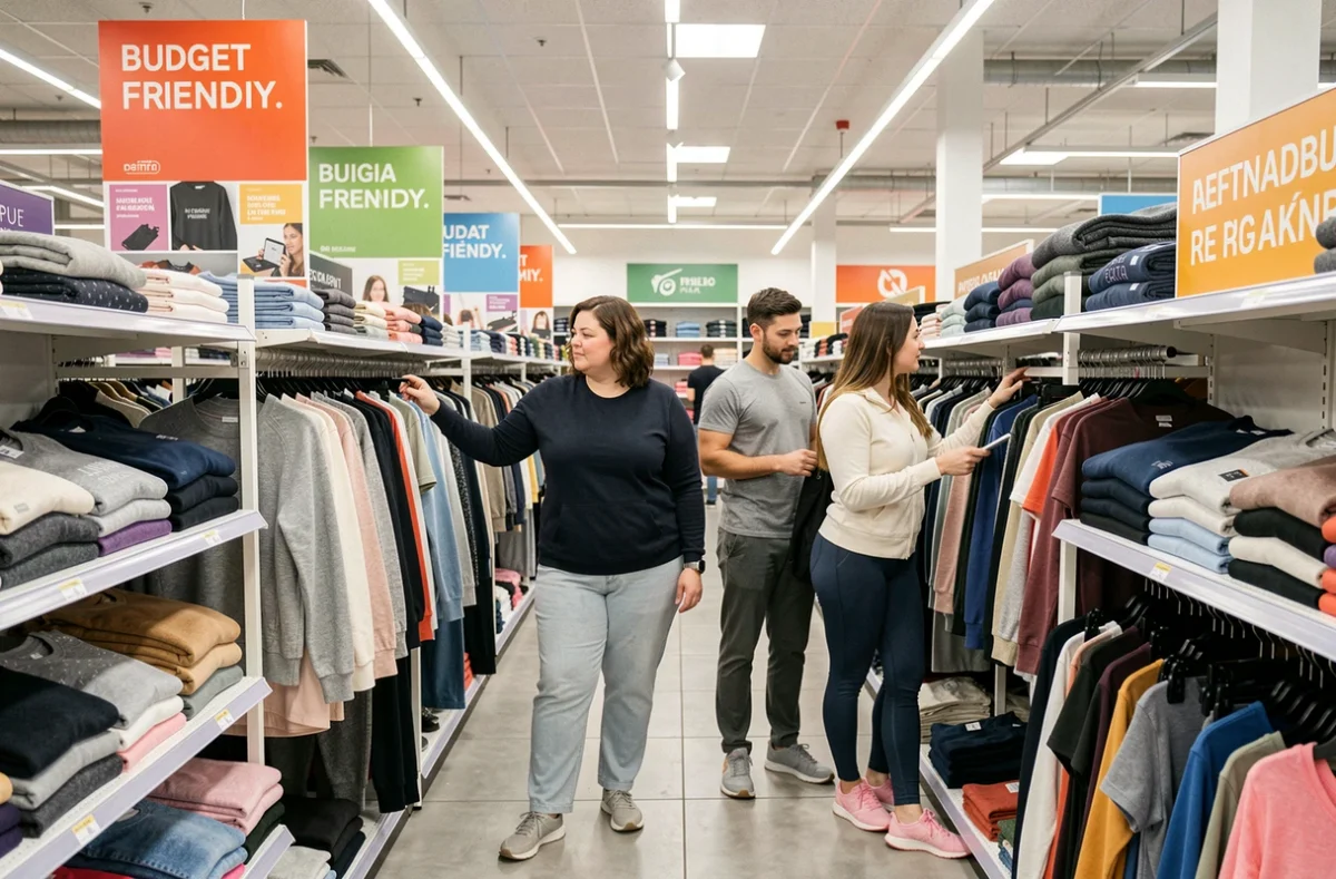 Famille choisissant des vêtements grande taille accessibles dans un magasin Kiabi à Paris