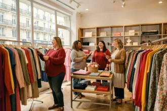 Trois femmes rondes souriant et faisant du shopping dans une boutique parisienne de vêtements grande taille
