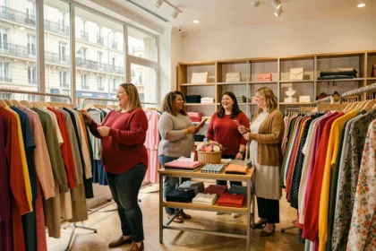 Trois femmes rondes souriant et faisant du shopping dans une boutique parisienne de vêtements grande taille