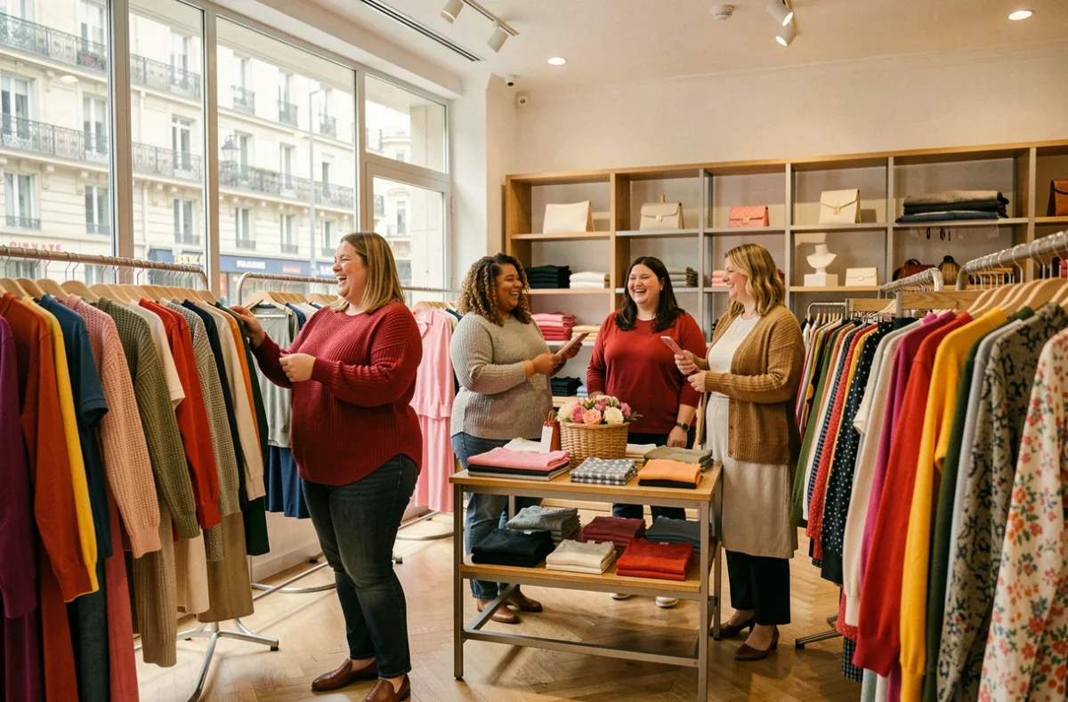 Trois femmes rondes souriant et faisant du shopping dans une boutique parisienne de vêtements grande taille