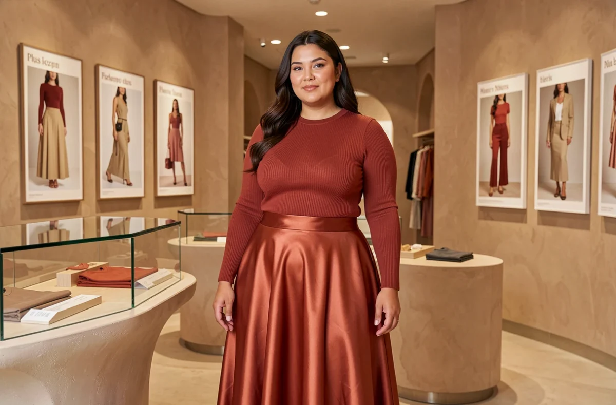 Femme élégante en jupe satin dans la boutique Mango Violeta grande taille au style contemporain à Paris