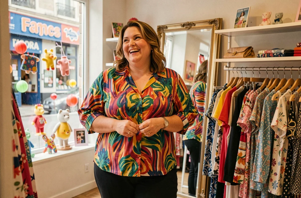 Femme essayant un chemisier imprimé coloré dans la boutique Paprika grande taille à Paris