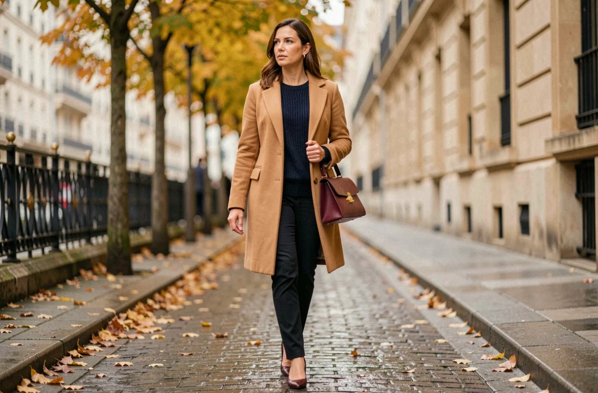 Femme en manteau camel marchant dans une rue parisienne en automne avec un sac à main bordeaux structuré