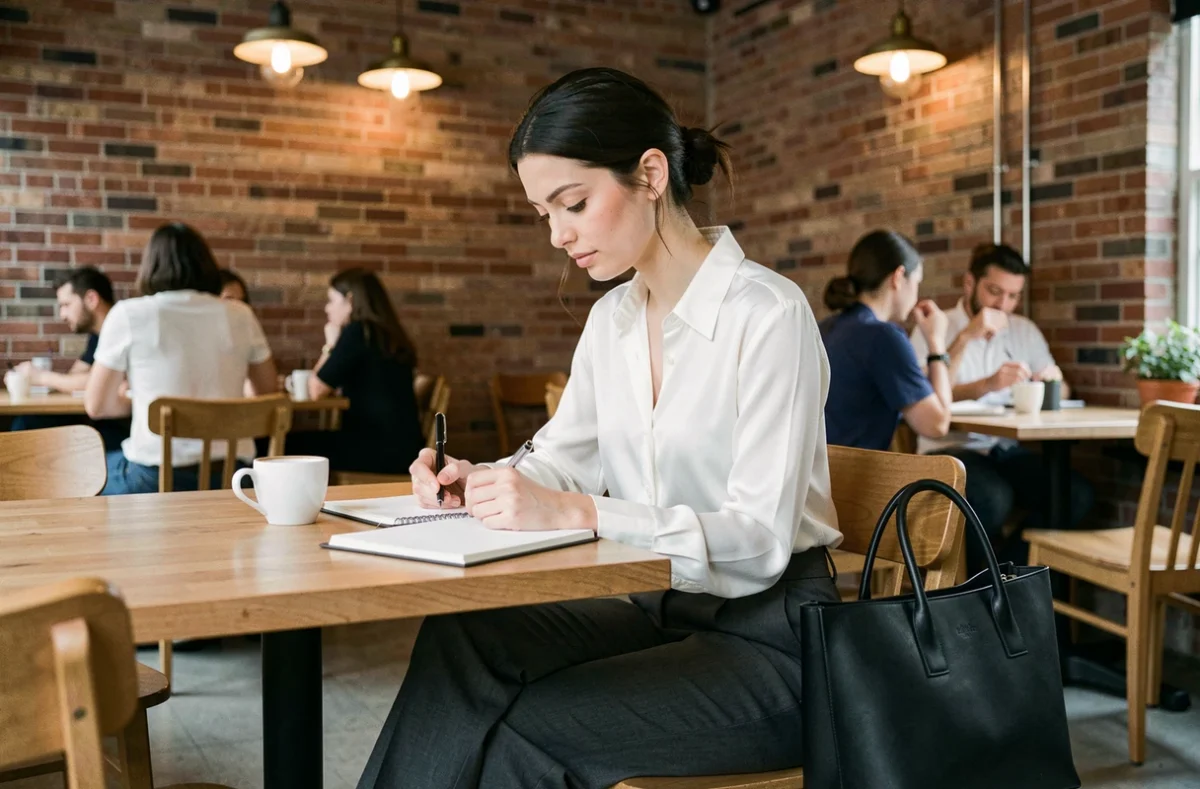 Femme élégante en blouse blanche avec un sac en cuir noir minimaliste posé dans un café urbain