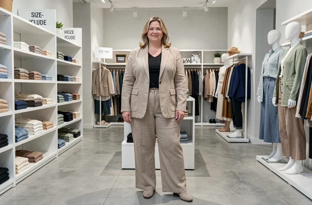 Femme en blazer structuré dans le magasin Ulla Popken grande taille au design épuré à Paris