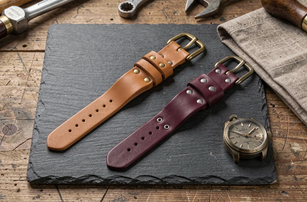 Deux bracelets de force homme en cuir cognac et bordeaux posés sur une ardoise sombre avec une montre vintage et un carré de lin pour un style chic et viril