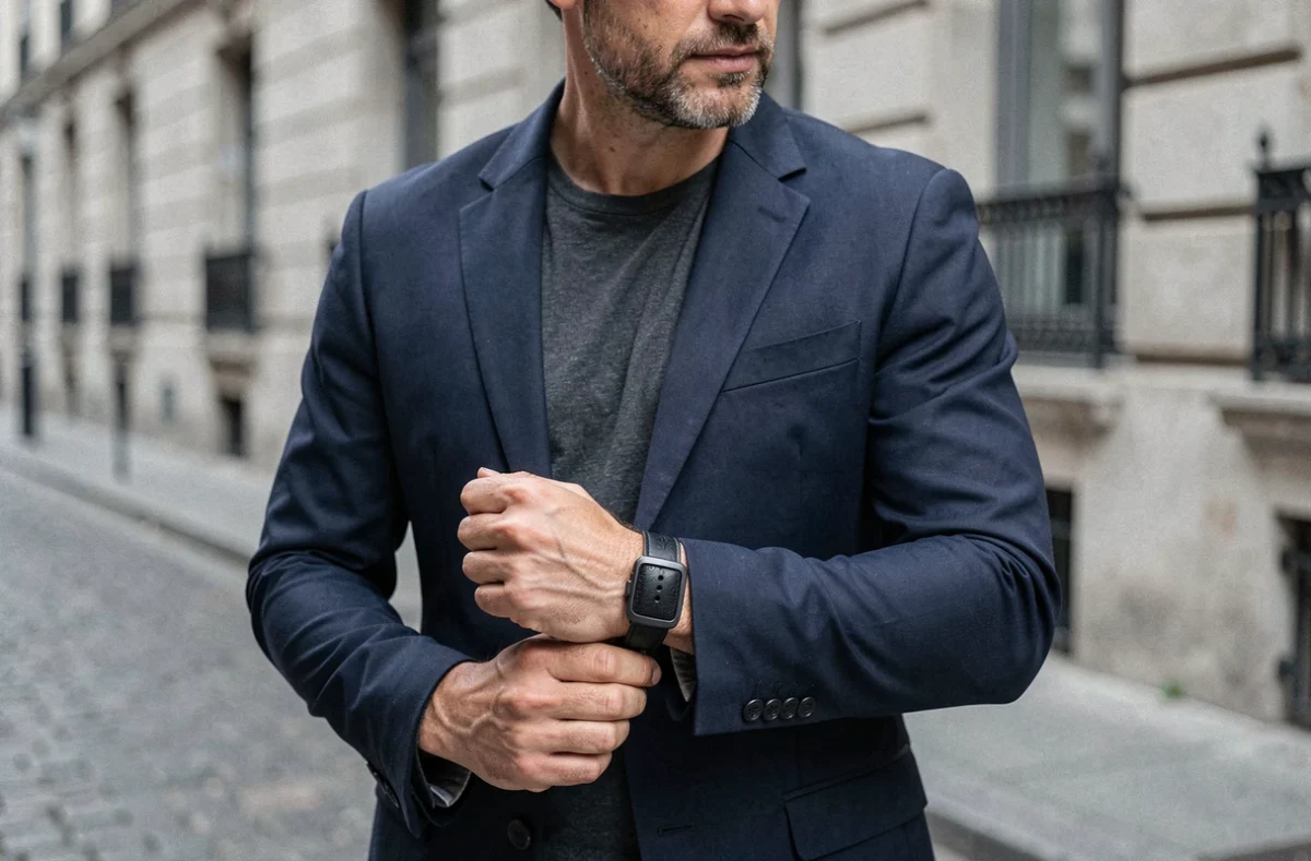 Homme en blazer marine portant un bracelet de force en cuir noir avec boucle gunmetal dans un décor urbain européen